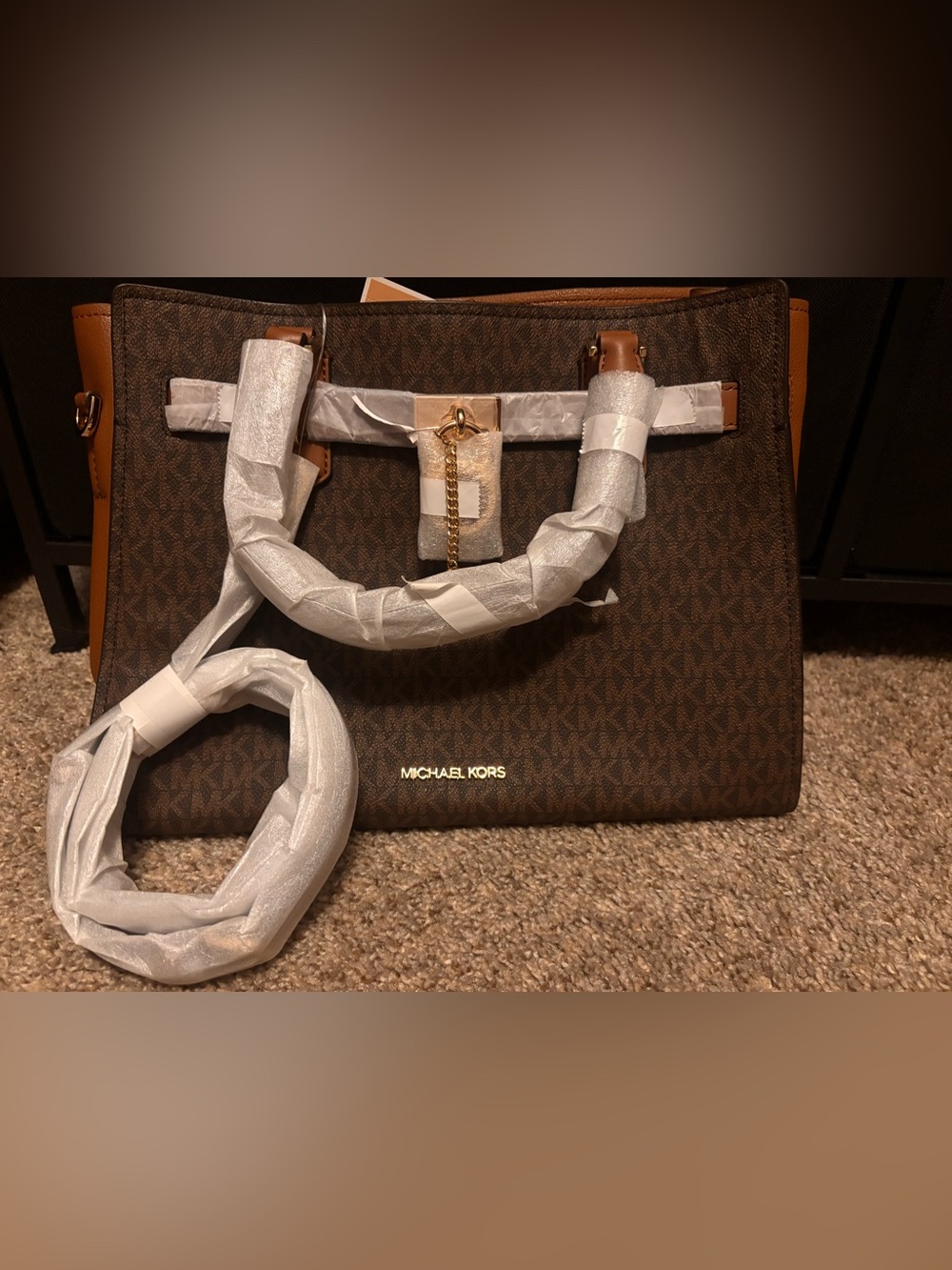 Michael Kors Brown Logo Hamilton Satchel with Tan Trim